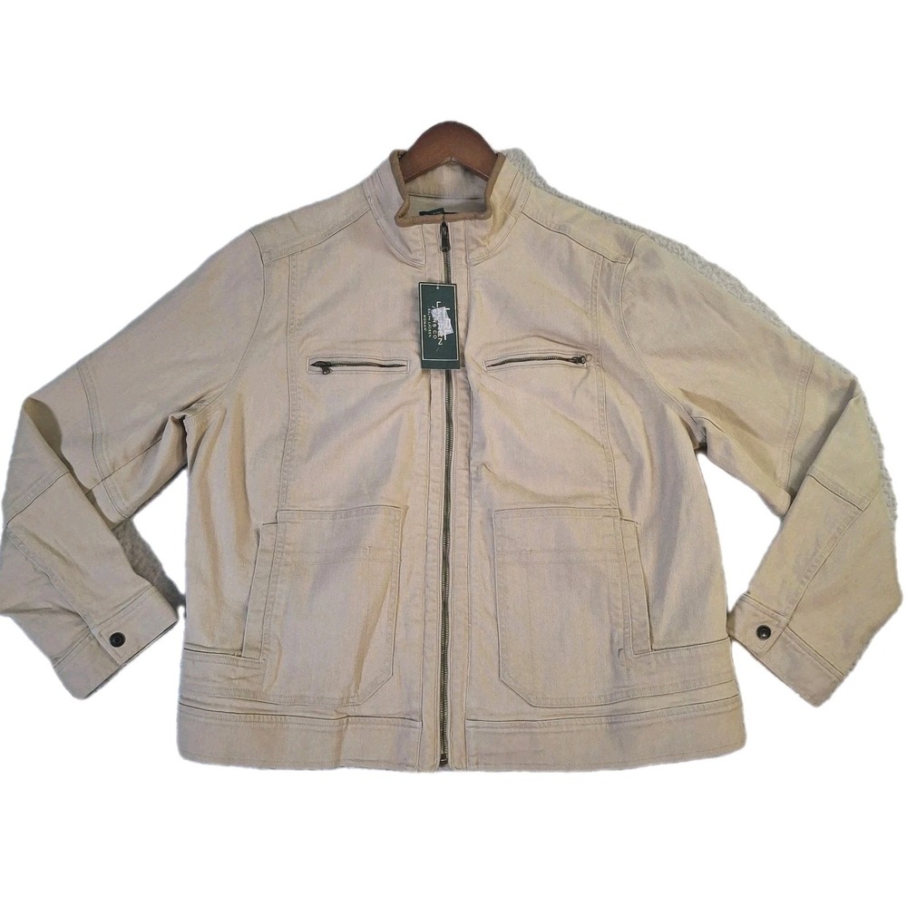 Ralph Lauren Jacket Womens Plus 2X Tan Cotton Leather Trim Zip Pockets Moto
